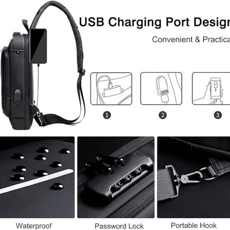 Haris Luggage cross body travel pouch with USB charging port, waterproof design, and password lock for convenience