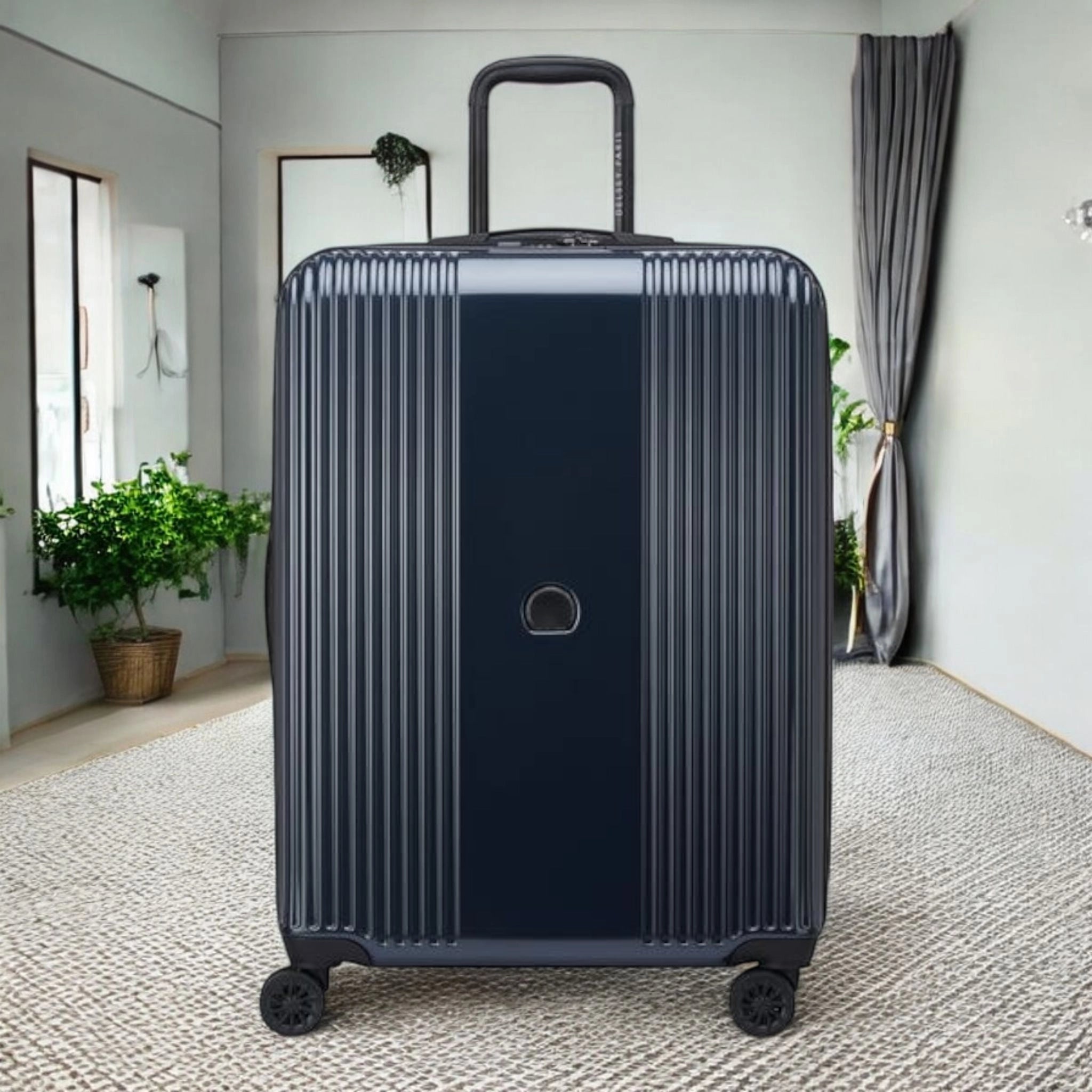 Delsey Ophelia luggage bag in sleek black with a modern design and spinner wheels