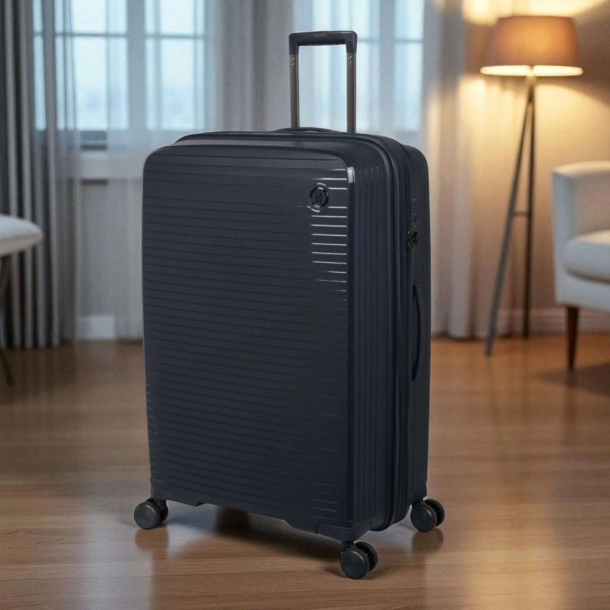 Haris Luggage TSA approved 360 spinner suitcase in navy blue with smooth-rolling wheels for easy travel