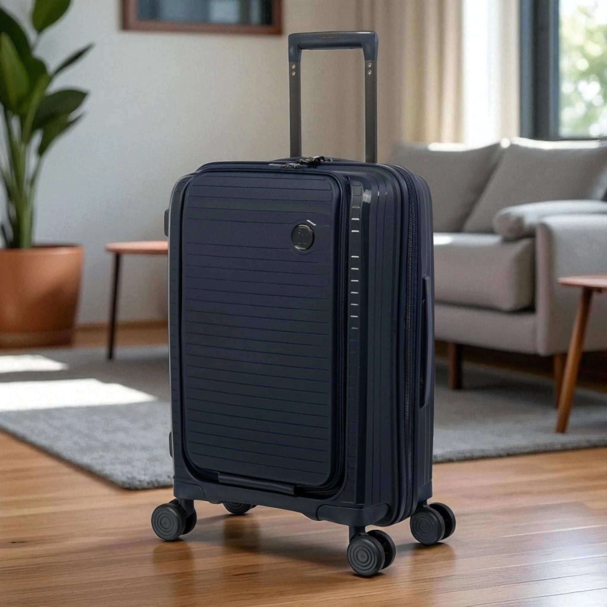 Haris Luggage TSA approved 360 spinner suitcase in navy with four smooth-rolling wheels