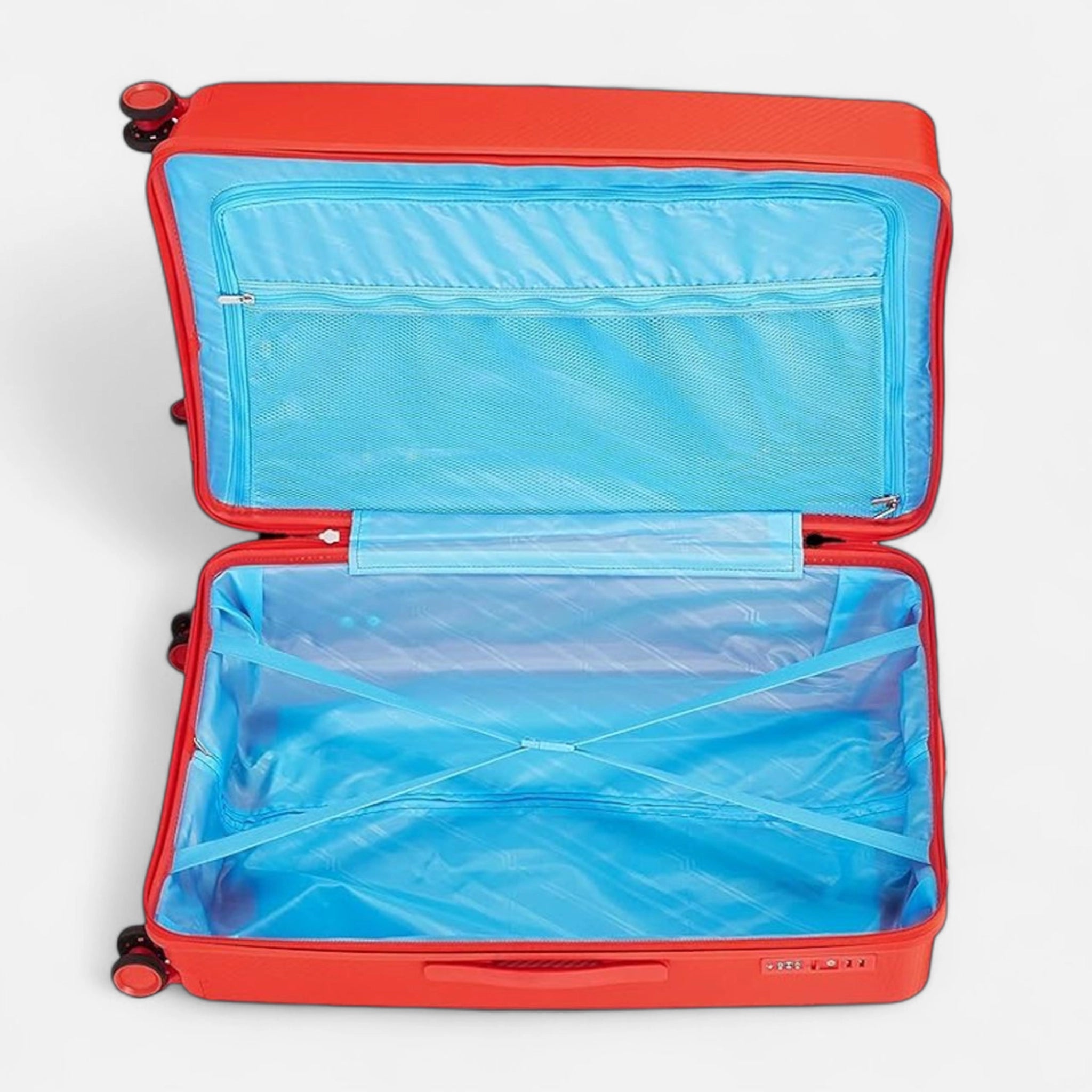 Open red VIP Xlite PP luggage Pakistan showcasing a spacious interior with blue lining and compartments