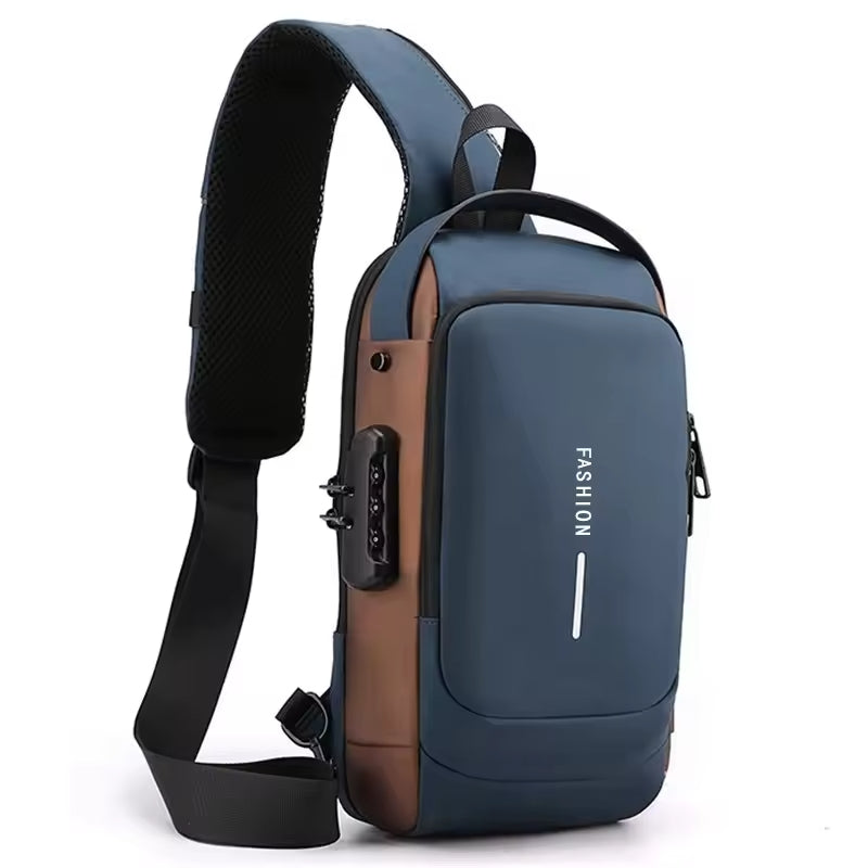 Haris Luggage cross body travel pouch in blue and brown with adjustable strap for convenience and style