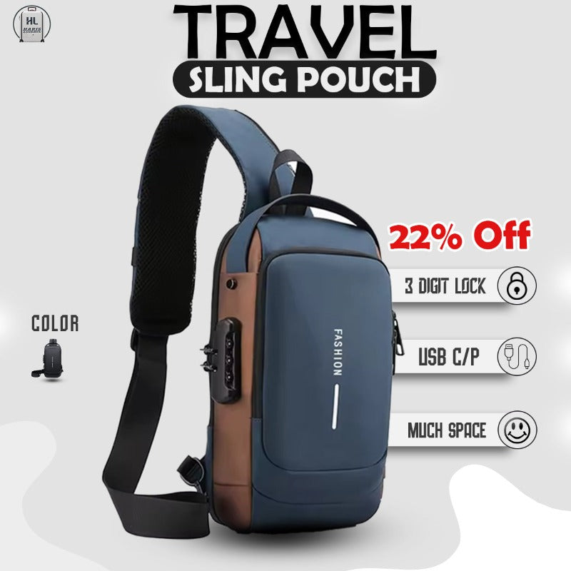 Haris Luggage Cross Body Travel Pouch with USB port and three-digit lock for secure storage