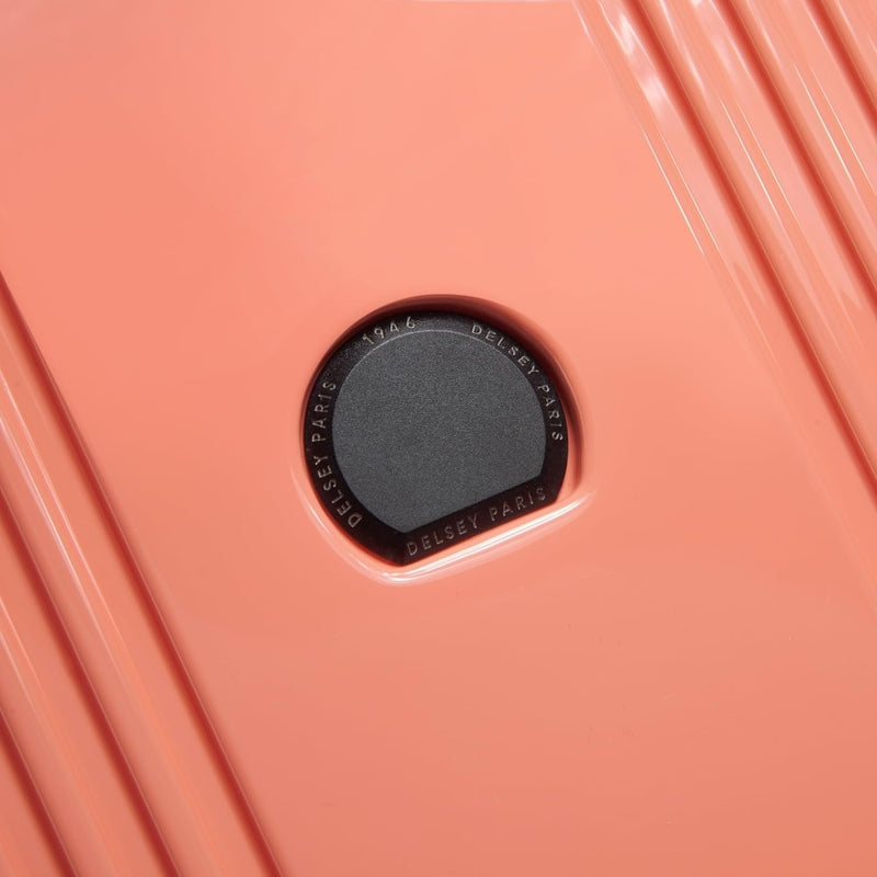 Close-up of Delsey Ophelia luggage bag featuring a sturdy logo design and durable material