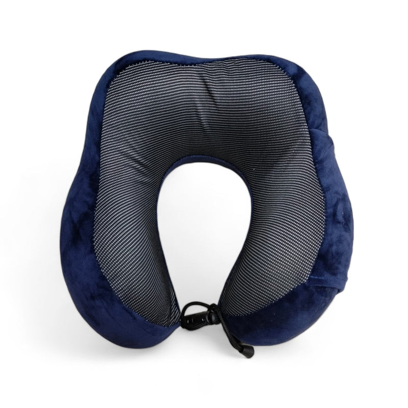 Navy plush travel neck pillow for flights with soft fabric and adjustable support