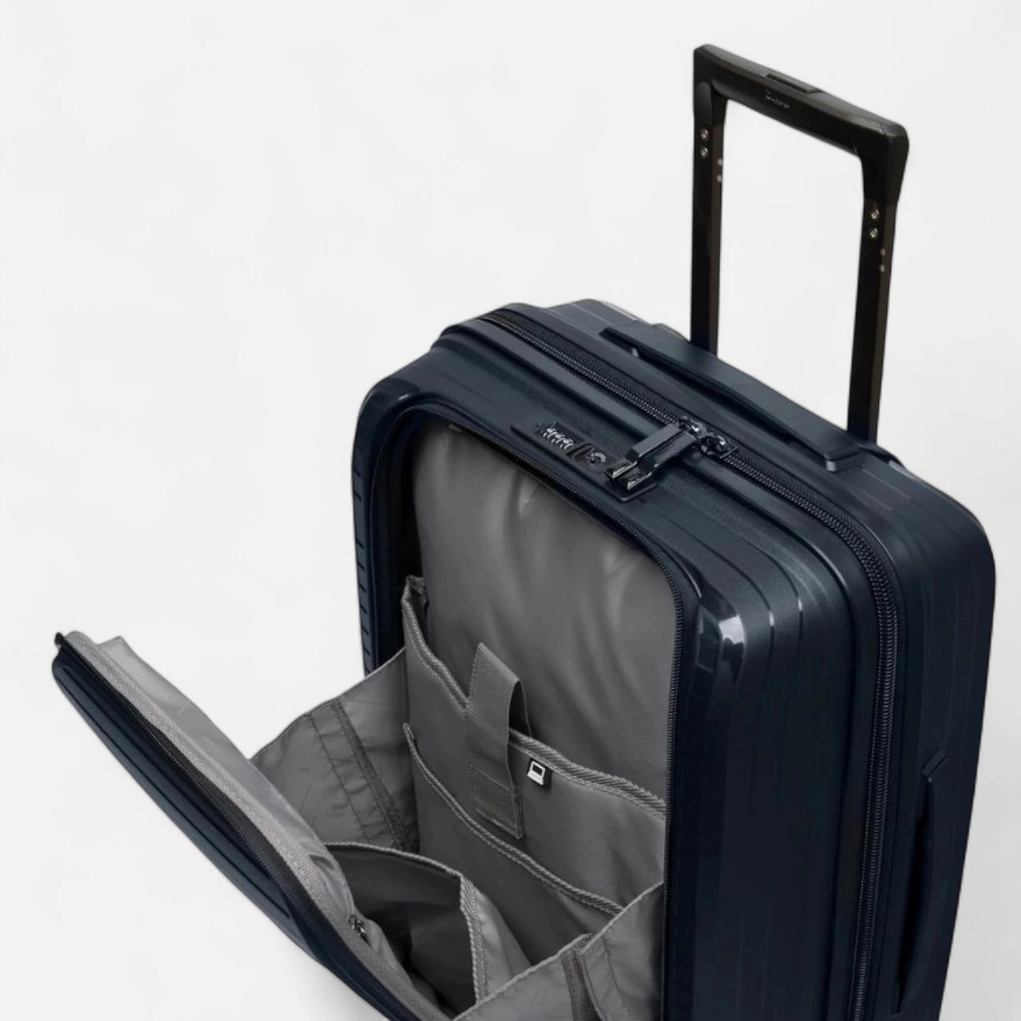 Open Haris Luggage TSA approved 360 spinner suitcase featuring organized interior compartments