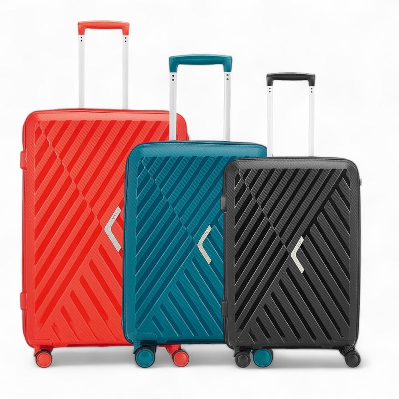 Set of VIP Xlite PP luggage Pakistan in red, teal, and black with spinner wheels for easy travel